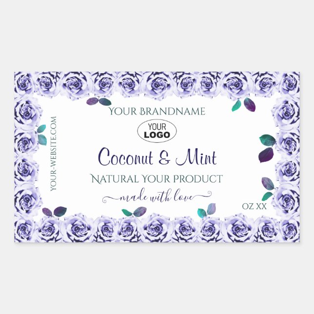 Light Blue Roses on White Product Labels with Logo (Front)