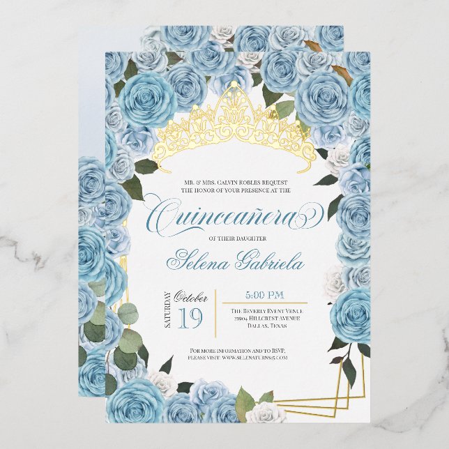 Light Blue Roses Princess Quinceanera Real Gold (Front/Back)