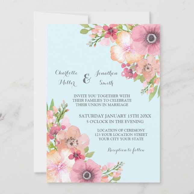 Light Blue Rustic Pink Flowers Wedding Invitations (Back)