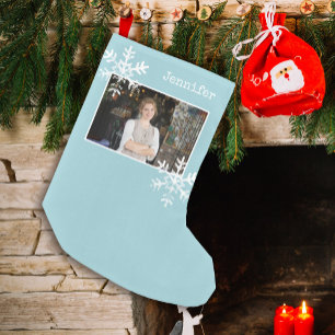 Light Blue Rustic Snowflake Custom Photo  Small Christmas Stocking