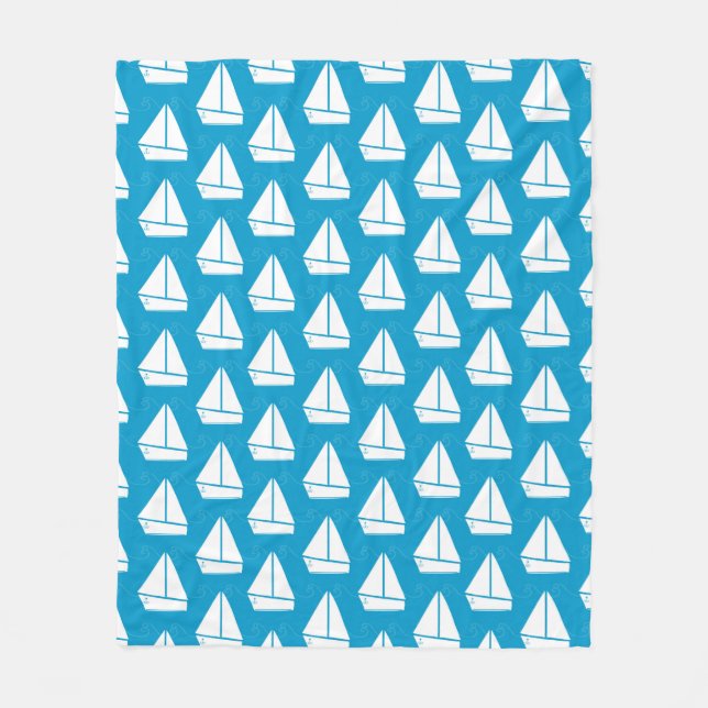 Light Blue Sailboat Pattern Fleece Blanket (Front)