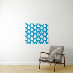 Light Blue Sailboat Pattern Tapestry