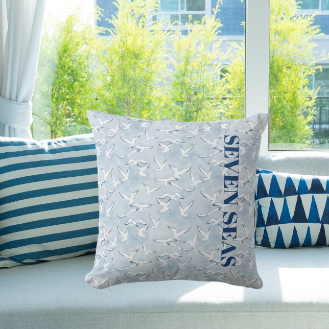 Light blue seagulls birds text modern coastal cushion (Creator Uploaded)
