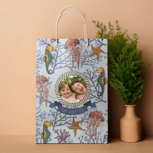 Light Blue Seahorse Serenade Custom Photo & Text Medium Gift Bag