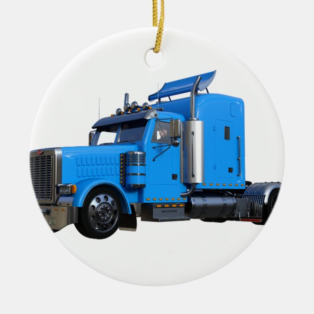 Light Blue Semi Truck in Three Quarter View Ceramic Tree Decoration (Front)