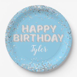 Light Blue Silver Birthday Party Paper Plate