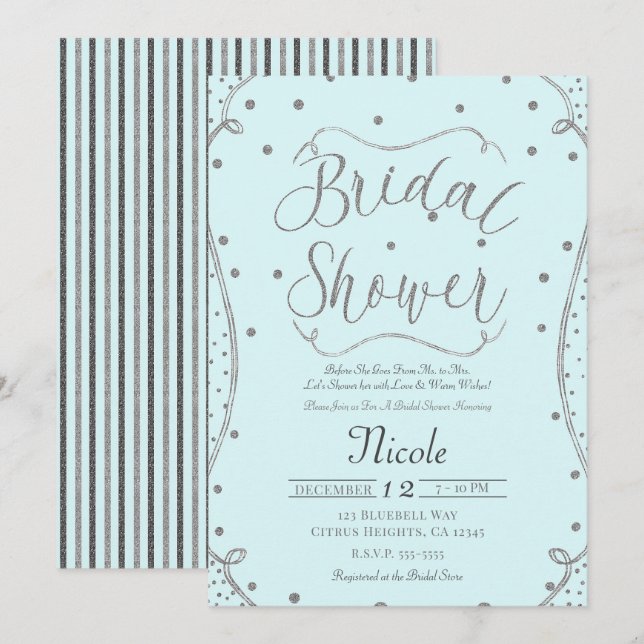 Light Blue & Silver Bridal Shower Invitation (Front/Back)