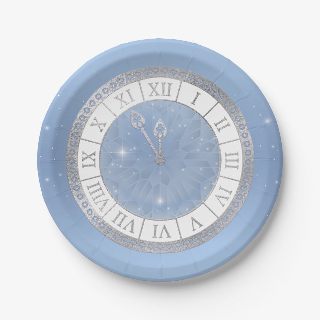 Light Blue Silver Cinderella Clock Princess Party Paper Plate (Front)