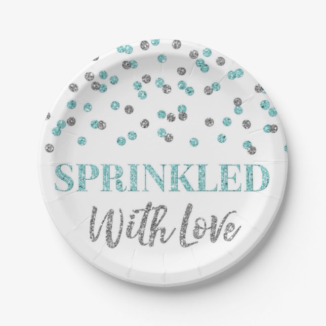 Light Blue Silver Confetti Sprinkled with Love Paper Plate (Front)