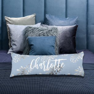 Light blue silver foliage botanical name script body cushion
