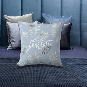Light blue silver foliage botanical name script cushion