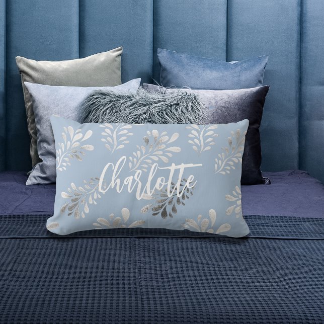 Light blue silver foliage botanical name script lumbar cushion (Creator Uploaded)