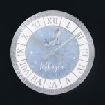 Light Blue Silver Glass Shoe Cinderella Princess Round Clock<br><div class="desc">Create your own Cinderella clock on a unique, beautiful DIY template with original art by Raphaela Wilson. The fairytale design depicts an elegant glass shoe / crystal slipper with a pretty, whimsical butterfly and fancy roman numerals for the numbers. Add a custom name, monogram, or initials, and this princess clock...</div>