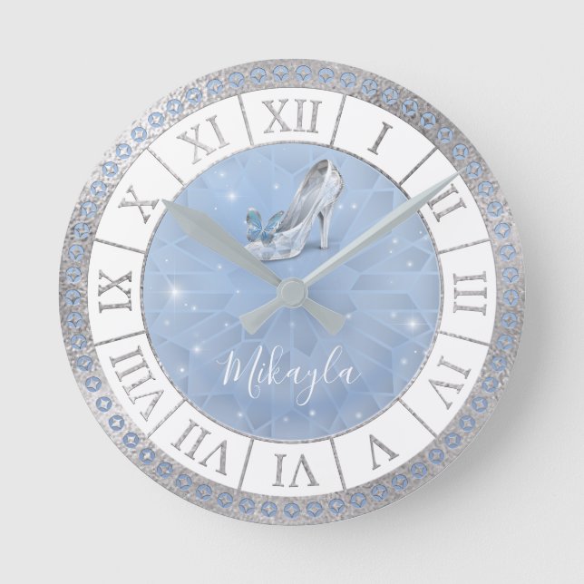 Light Blue Silver Glass Shoe Cinderella Princess Round Clock (Front)