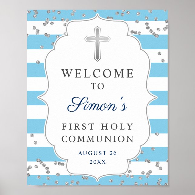 Light Blue Silver Glitter First Communion Welcome Poster (Front)