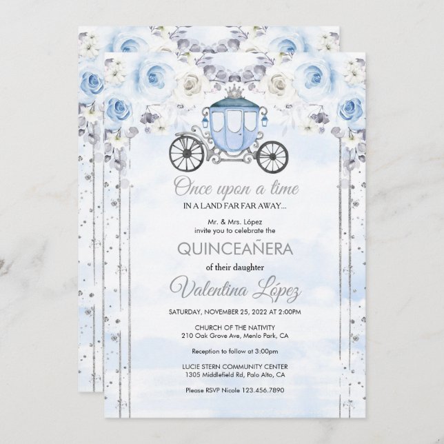 Light Blue Silver Princess Quinceanera Birthday  Invitation (Front/Back)