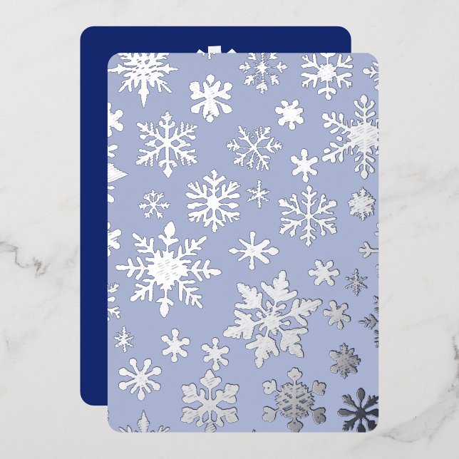 Light Blue Silver Snowflake Foil Flat Holiday Card (Front/Back)