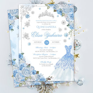 Light Blue Silver Snowflake Winter Quinceanera  Invitation
