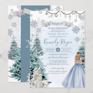Light Blue Silver Winter Snow Sweet 16 Birthday Invitation