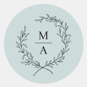 Light Blue Simple Elegant Laurel Wreath Monogram Classic Round Sticker