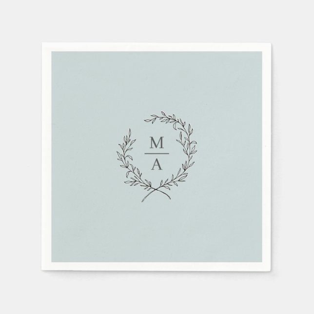 Light Blue Simple Elegant Laurel Wreath Monogram Napkin (Front)