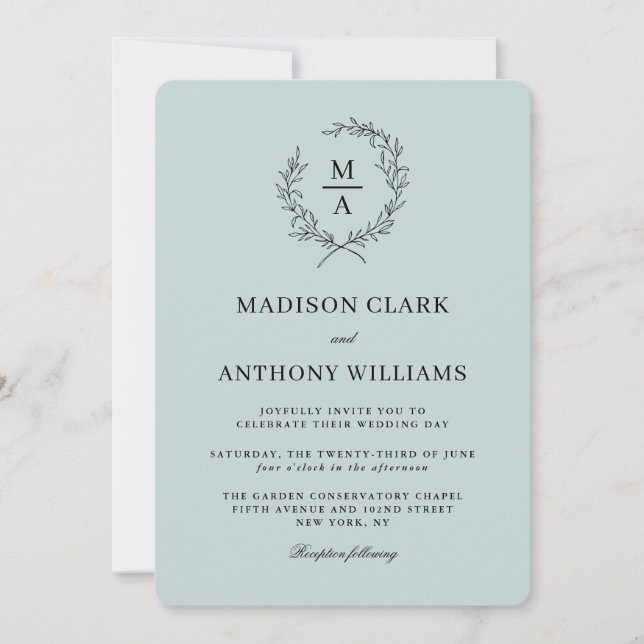 Light Blue Simple Elegant Monogram Wedding Invitation (Front)