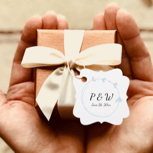 Light Blue Simple Heart Wreath Monogram Wedding Favour Tags