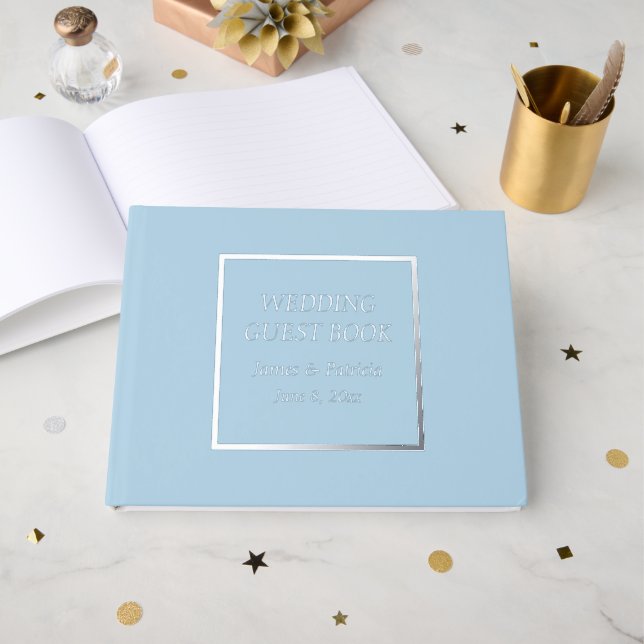 Light Blue Simple Stylised Lettering Wedding Guest Book (Front Open)