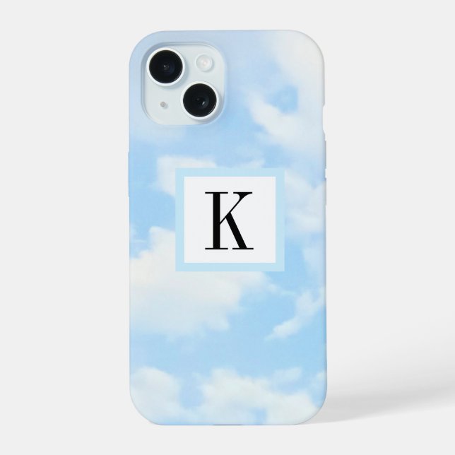 Light Blue Sky Clouds Photo with Single Initial iPhone 15 Case (Back)