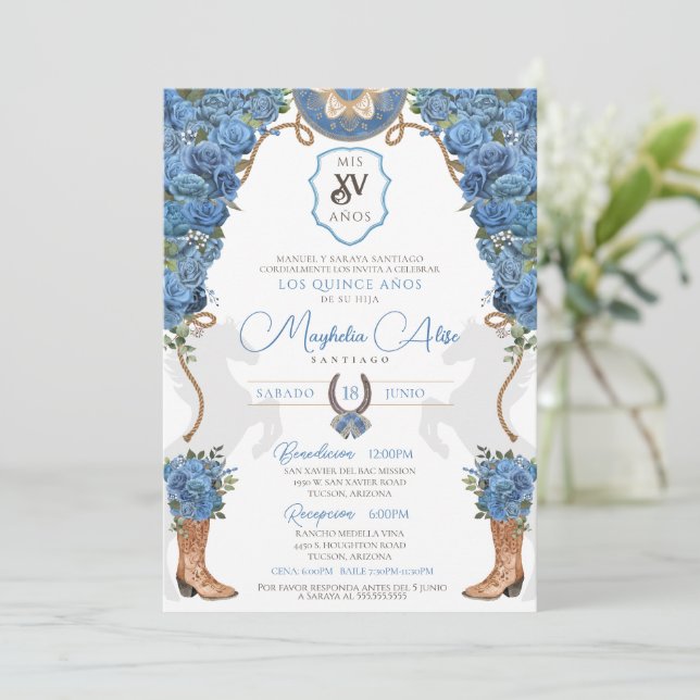 Light Blue Sky Floral Western Charro Quinceañera Invitation (Standing Front)