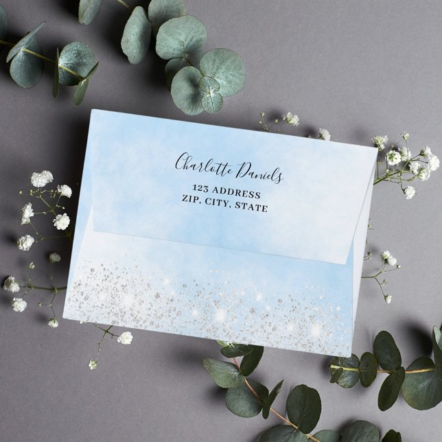 Light blue sky silver glitter return address envelope (Creator Uploaded)