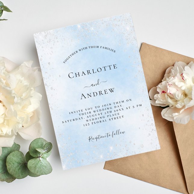 Light blue sky silver glitter wedding invitation (Creator Uploaded)