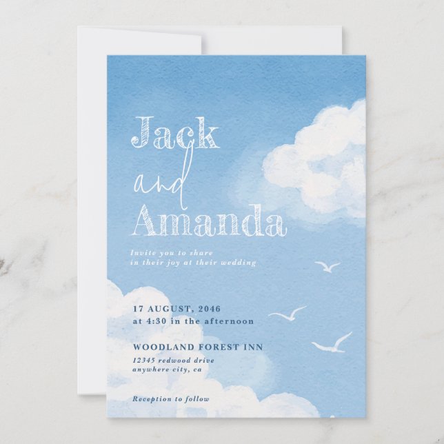 Light Blue Sky Watercolor Wedding Invitation Cards (Front)