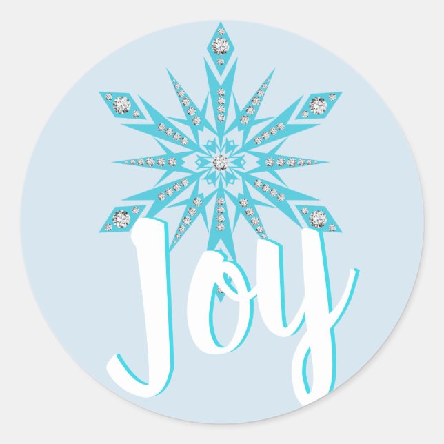 Light blue Snowflake JOY Holiday Christmas Classic Round Sticker (Front)