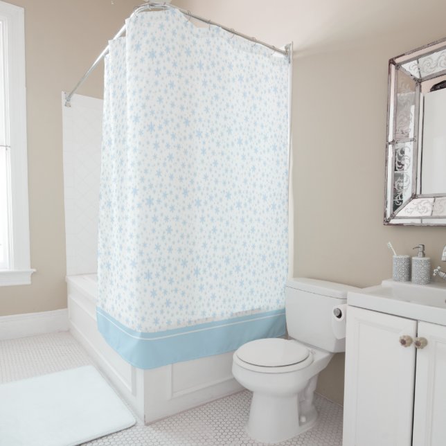 Light Blue Snowflakes on White Shower Curtain (In Situ)