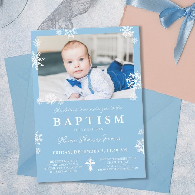Light Blue Snowflakes Photo Winter Boy Baptism Invitation (Creator Uploaded)