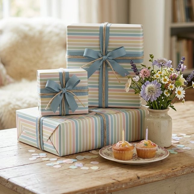 Light Blue Soft Green Blush Pink Stripes Pattern Wrapping Paper (Creator Uploaded)