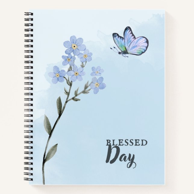Light Blue Soft Watercolor Flower and Butterfly Notebook (Front)
