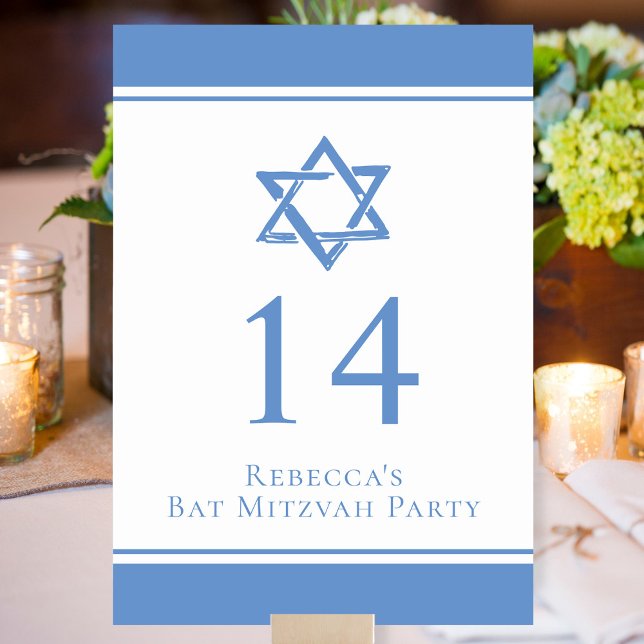 Light Blue Star of David Bat Mitzvah Party Table Number (Creator Uploaded)