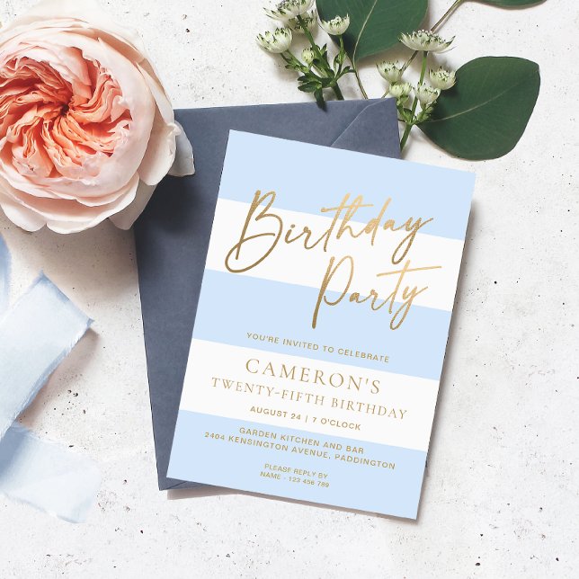 Light Blue Stripe Gold Birthday Invitation (Birthday Party Invitation Stripe )