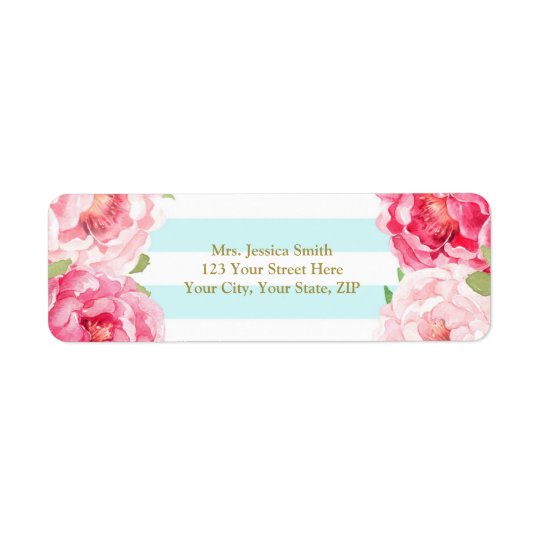Light Blue Stripe Pink Floral Return Address Label