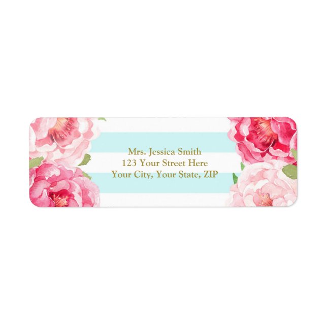 Light Blue Stripe Pink Floral Return Address Label (Front)