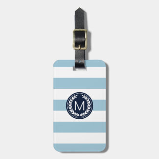 Light Blue Stripe with Navy Laurel Wreath Monogram Luggage Tag