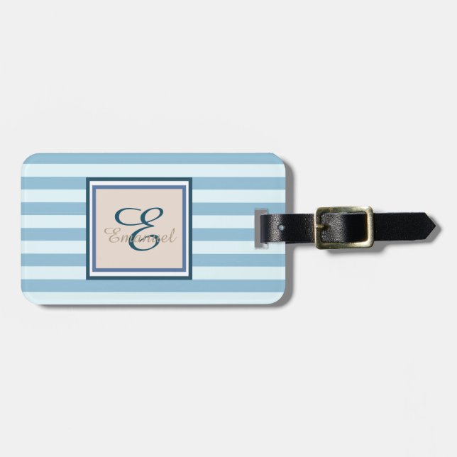 Light Blue Striped Monogram-Personalised Luggage Tag (Front Horizontal)