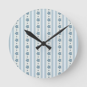 Light Blue Stripes And Flowers Round Clock