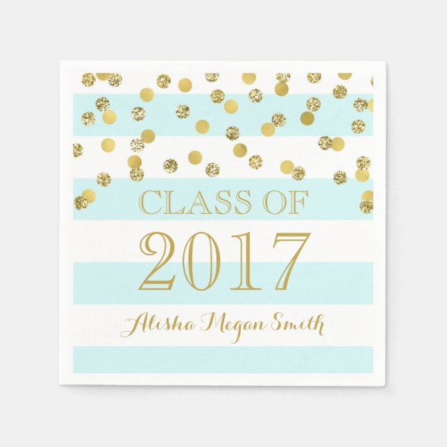 Light Blue Stripes Gold Confetti  2017 Graduation Napkin (Front)