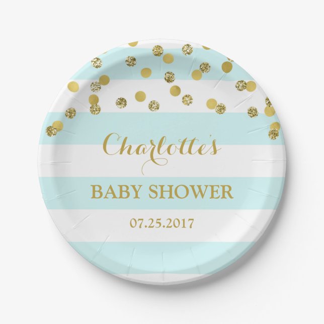 Light Blue Stripes Gold Confetti Baby Shower Plate (Front)