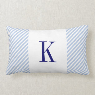 Light Blue Stripes Navy Blue Monogram Lumbar Cushion