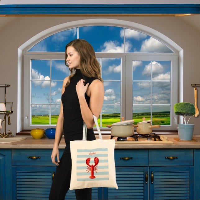 Light blue stripes red lobster name tote bag (Creator Uploaded)