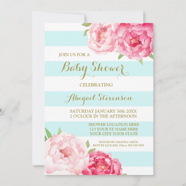 Light Blue Stripes Watercolor Flowers Baby Shower Invitation (Back)
